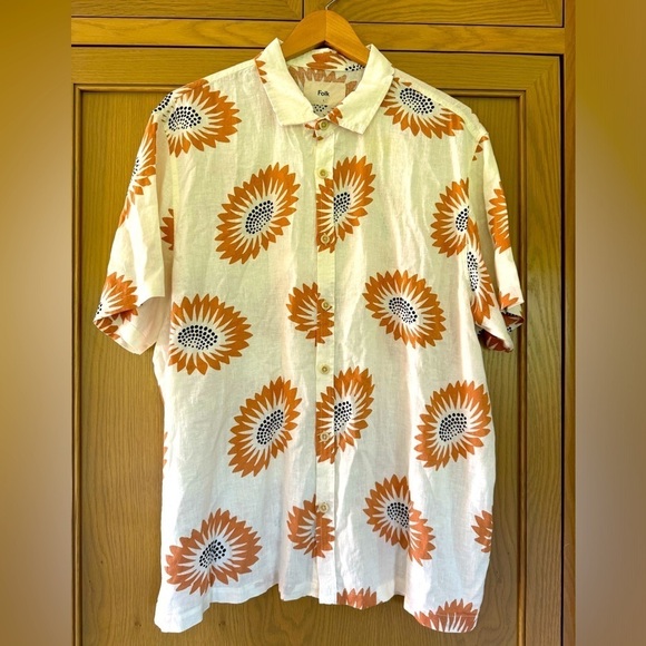 NWOT Folk Men's Cream Drake Sunflower Linen-Blend Casual Button Down / Large - Picture 1 of 9